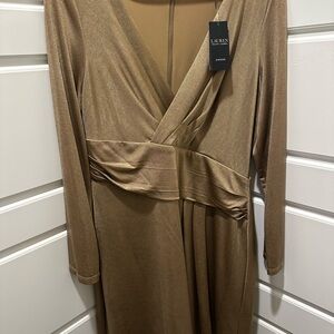 Ralph Lauren Gold Ruched Wrap Dress Long Sleeve